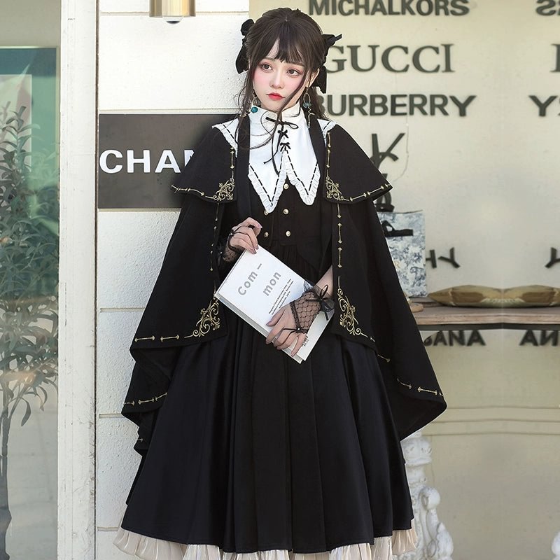 Black Silk Gothic OP Dress Lolita Cloak Set Lolita Coats