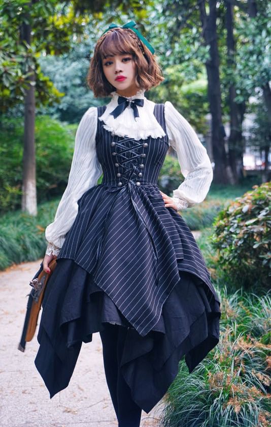[Pre]Black Striped Gothic Irregular Lolita Dress JSK
