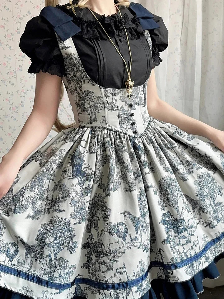 Classic Lolita Black and White Print Long Dress Short Skirt Waist Corset for Halloween
