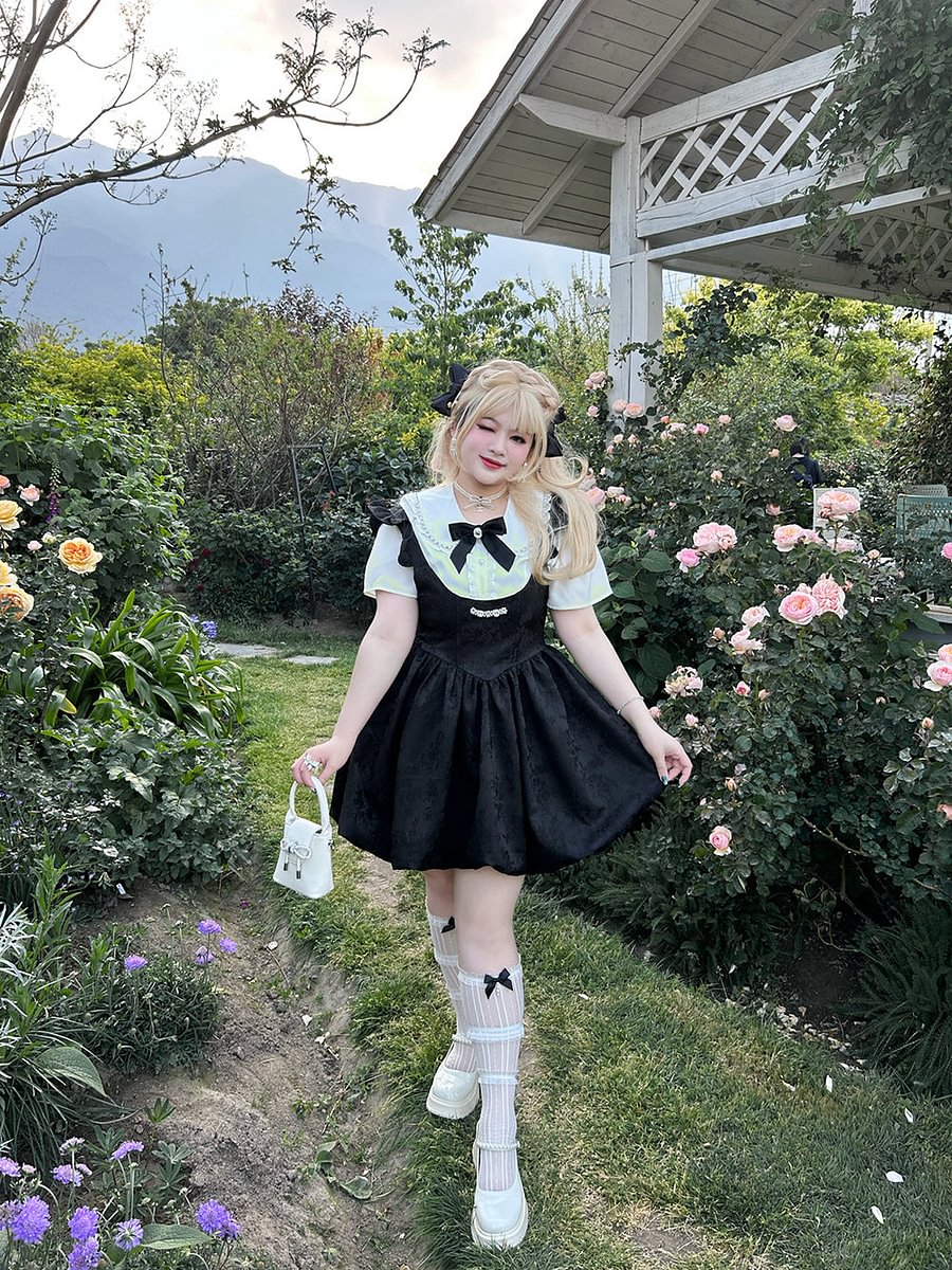 Black-white Plus Size Lolita Dress Set Short Sleeve Shirt 4XL Lolita Dress Blouse