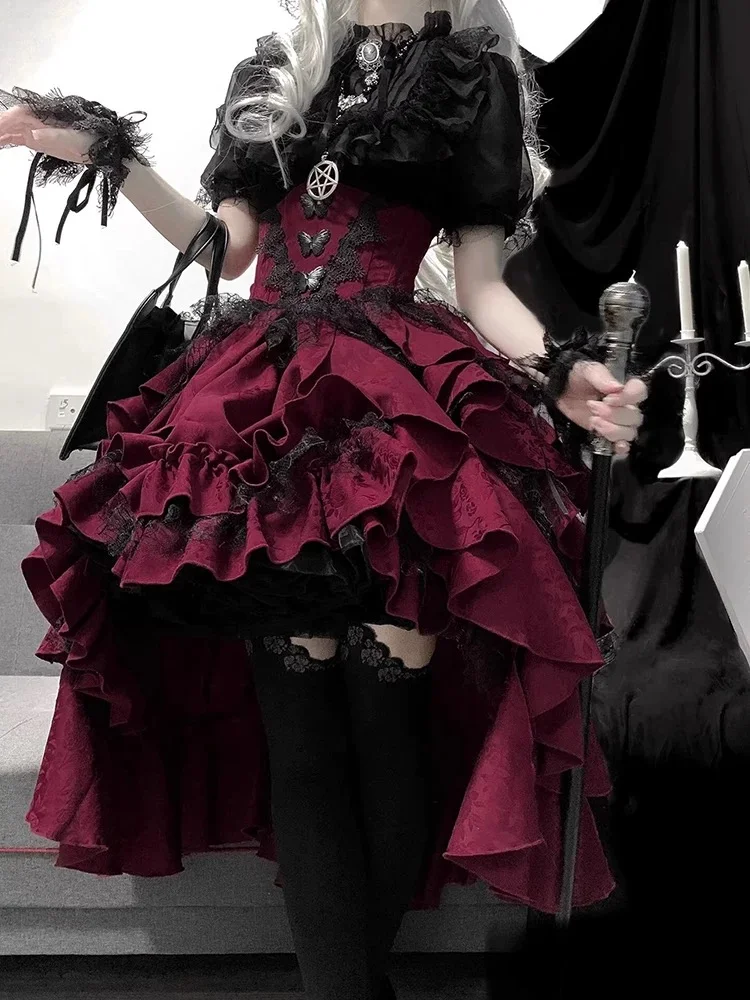 Goth Lolita Outfit Black Shirt Red Ruffles Skirt Blouse Top Lace Short-sleeves Prom Dress for Halloween