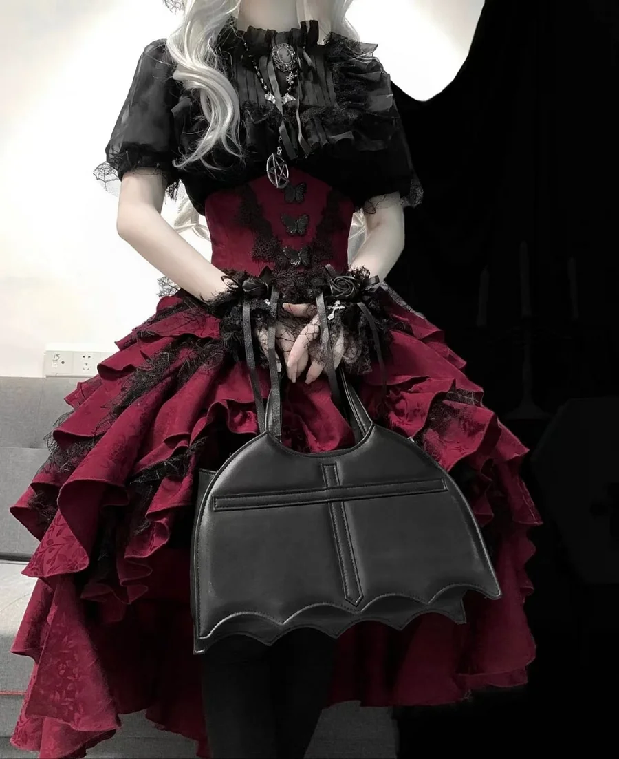 Goth Lolita Outfit Black Shirt Red Ruffles Skirt Blouse Top Lace Short-sleeves Prom Dress for Halloween