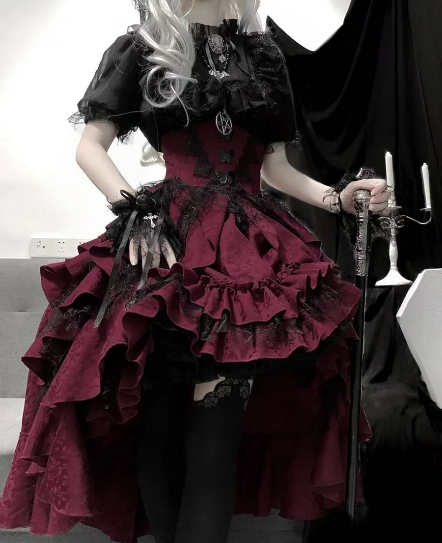 Goth Lolita Outfit Black Shirt Red Ruffles Skirt Blouse Top Lace Short-sleeves Prom Dress for Halloween