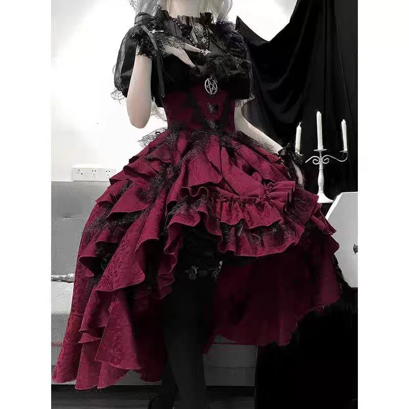 Goth Lolita Outfit Black Shirt Red Ruffles Skirt Blouse Top Lace Short-sleeves Prom Dress for Halloween