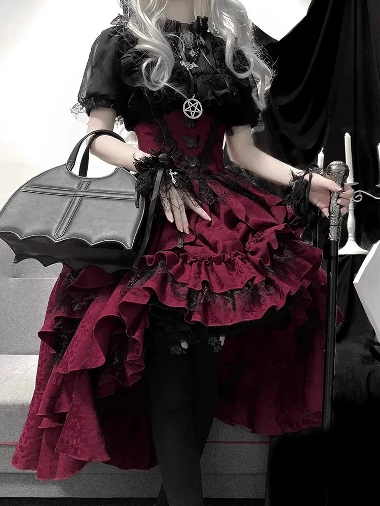 Goth Lolita Outfit Black Shirt Red Ruffles Skirt Blouse Top Lace Short-sleeves Prom Dress for Halloween