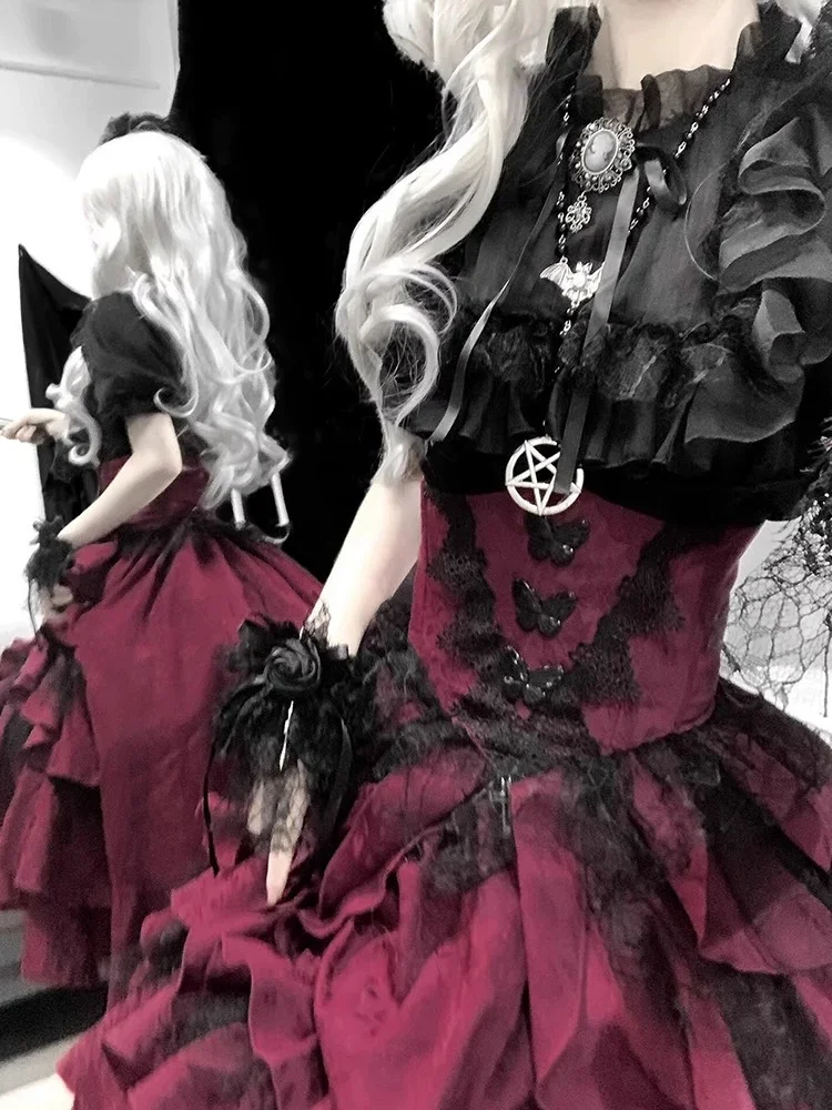 Goth Lolita Outfit Black Shirt Red Ruffles Skirt Blouse Top Lace Short-sleeves Prom Dress for Halloween