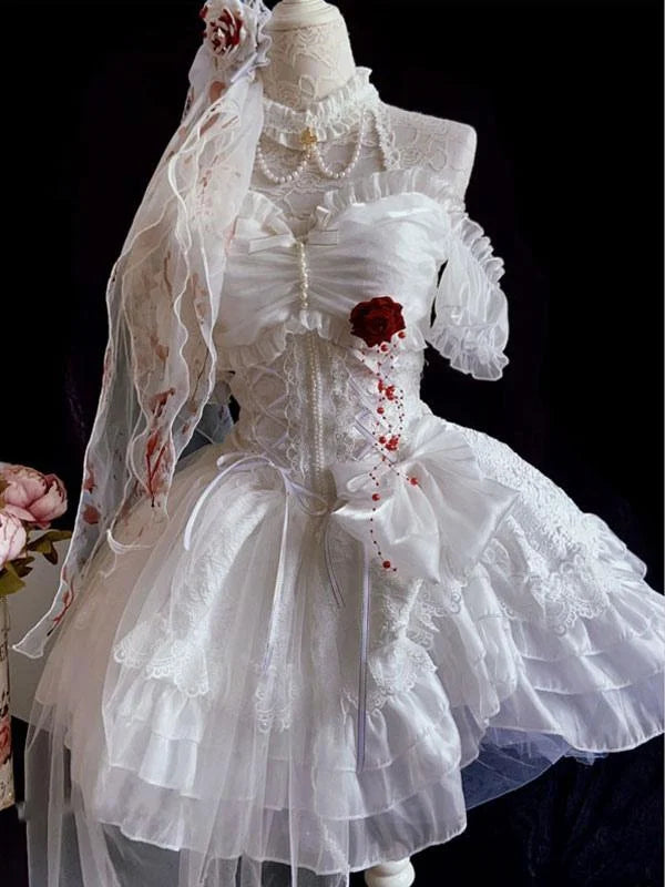 Bloodstained Rose White Gothic Wedding Dress Lolita Dress Head veil
