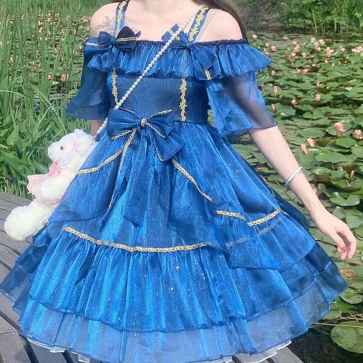 Blue Midsummer Night JSK Sparkling Daily Elegance Unique Summer Blue Apricot Lolita Dress