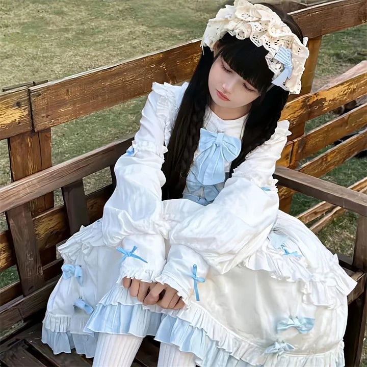 Blue and White Sweet Bow Lolita Long Sleeves Dress Cute Princess Dress