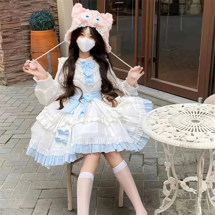 Blue and White Sweet Bow Lolita Long Sleeves Dress Cute Princess Dress
