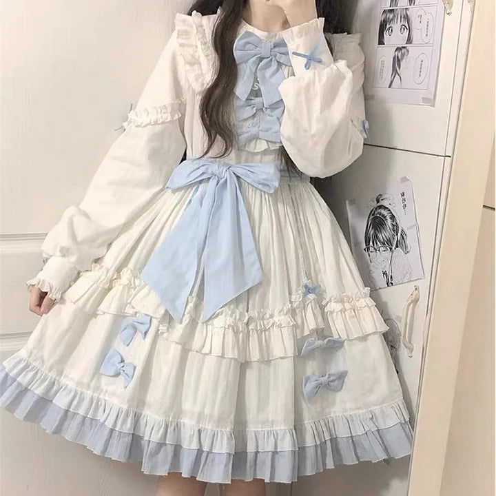 Blue and White Sweet Bow Lolita Long Sleeves Dress Cute Princess Dress