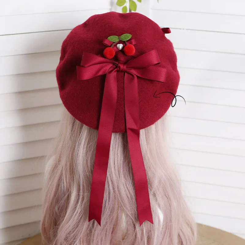 Bow Cherry Beret Female Fall and Winter Handmade Sweet Hat Red Christmas Headwear and Accessories