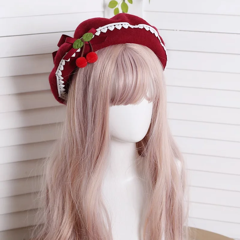 Bow Cherry Beret Female Fall and Winter Handmade Sweet Hat Red Christmas Headwear and Accessories
