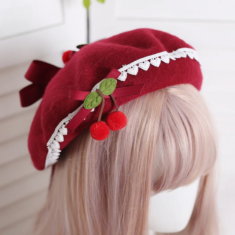 Bow Cherry Beret Female Fall and Winter Handmade Sweet Hat Red Christmas Headwear and Accessories
