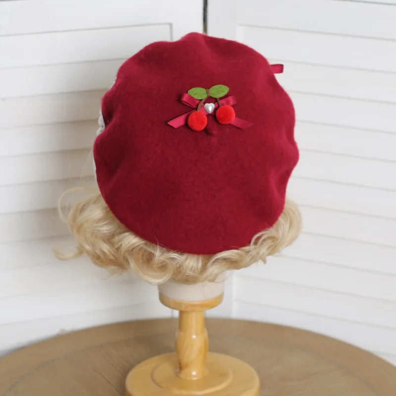 Bow Cherry Beret Female Fall and Winter Handmade Sweet Hat Red Christmas Headwear and Accessories