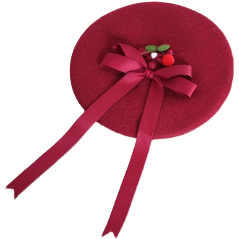 Bow Cherry Beret Female Fall and Winter Handmade Sweet Hat Red Christmas Headwear and Accessories