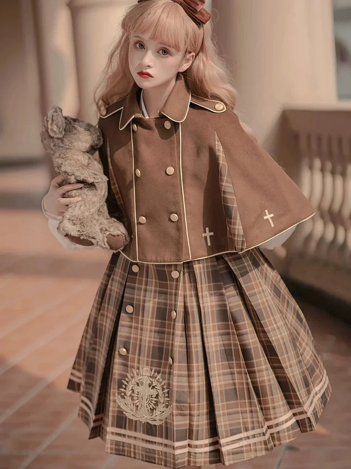 British Classic Lolita Vintage Dress Detective Suit Woolen Cape Plaid Dress in Autumn Preppy Look