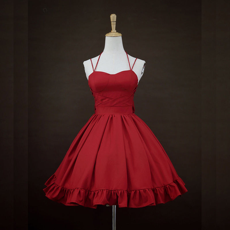 Burgundy Daily Red Cute Suspender Bow Dress Women's Summer JSK