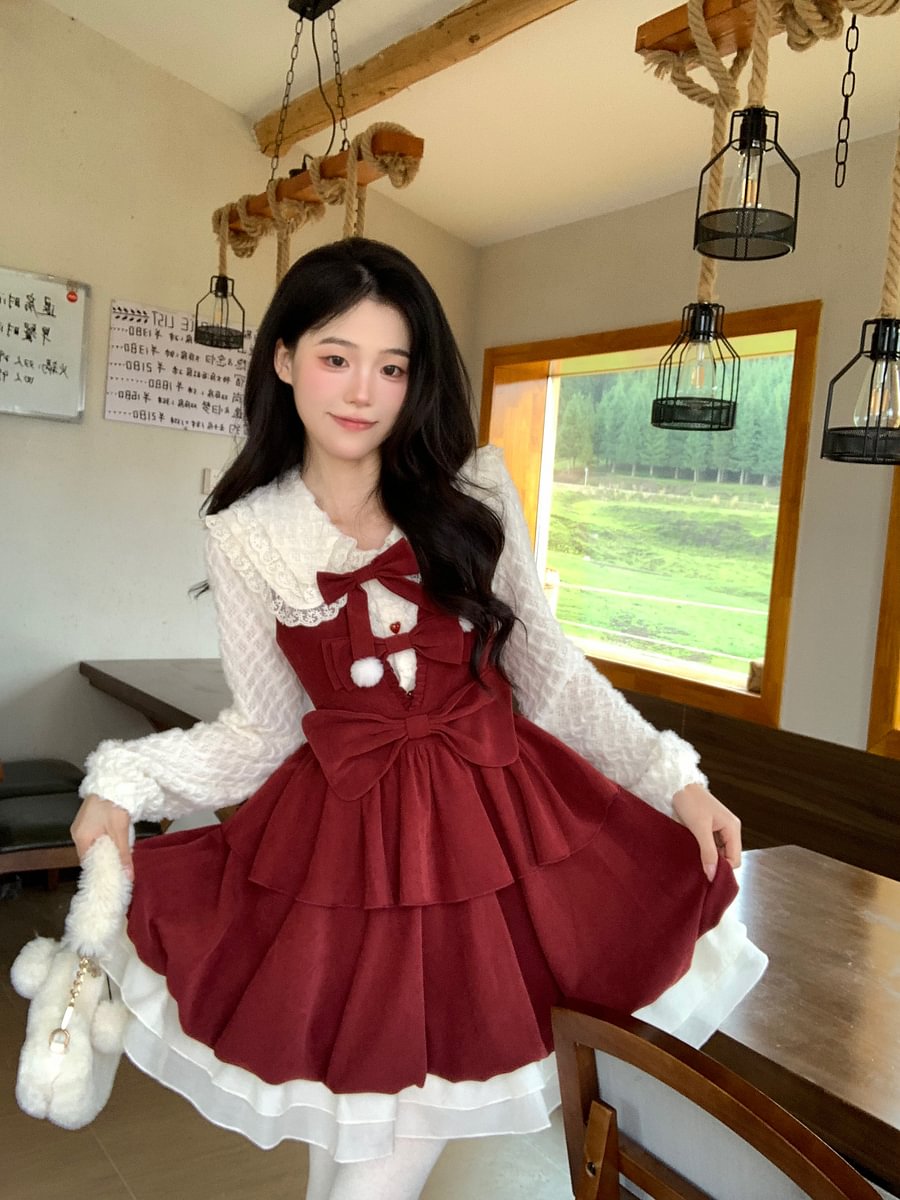 Burgundy Red Sweet Bow Strap Skirt Christmas Lolita Velvet Dress