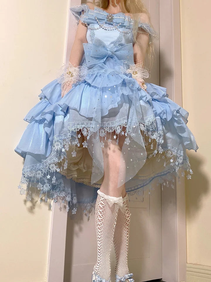 Hime Lolita Blue White Butterfly Fairy Elegant Organza Dress