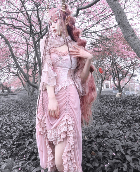 Cherry Blossoms Pink Gothic Velvet Drawstring Dress Elegant long dress
