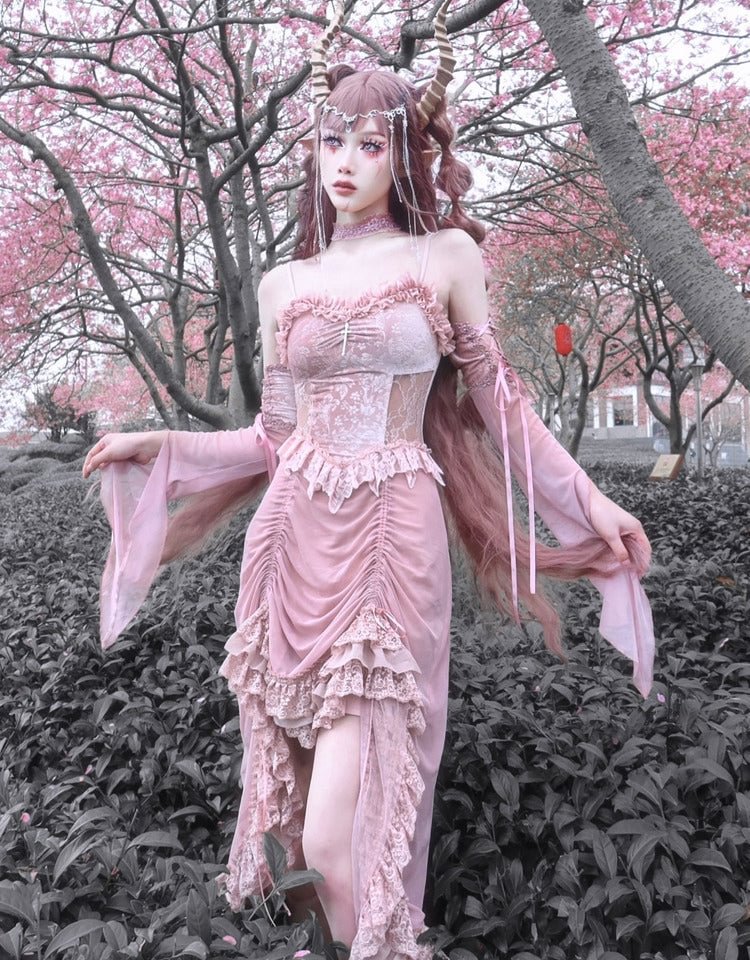 Cherry Blossoms Pink Gothic Velvet Drawstring Dress Elegant long dress