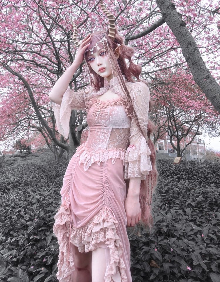 Cherry Blossoms Pink Gothic Velvet Drawstring Dress Elegant long dress