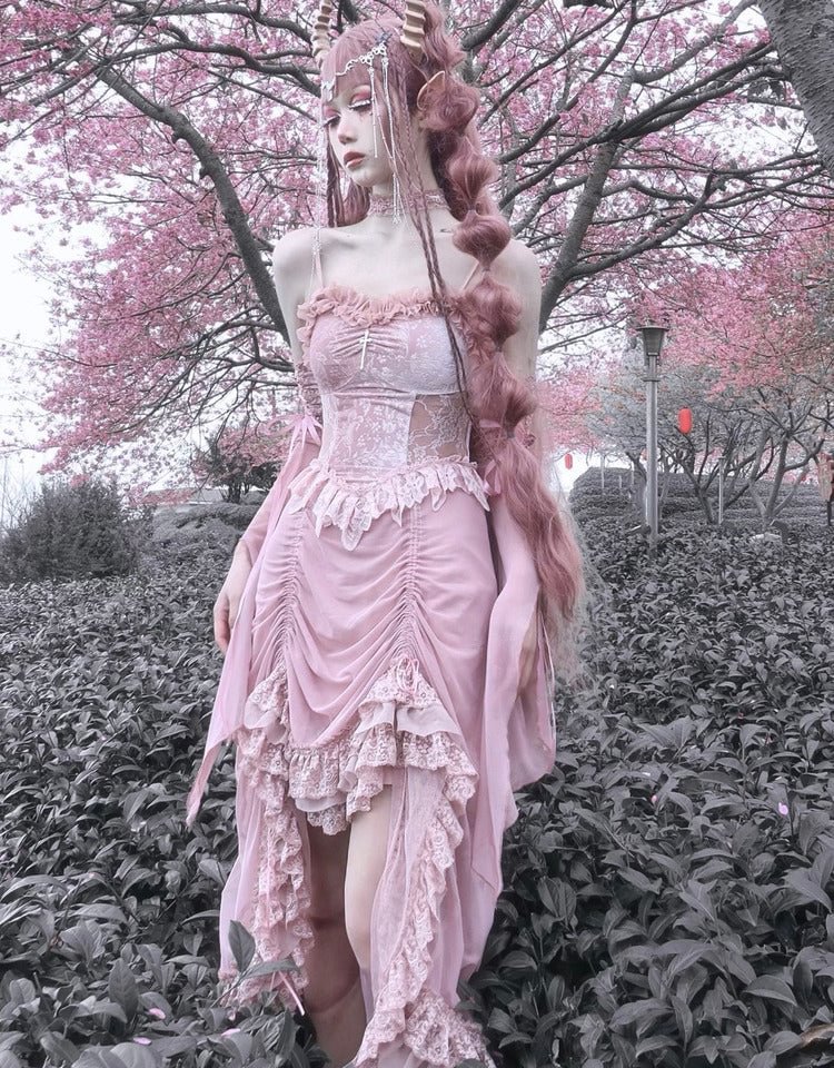 Cherry Blossoms Pink Gothic Velvet Drawstring Dress Elegant long dress