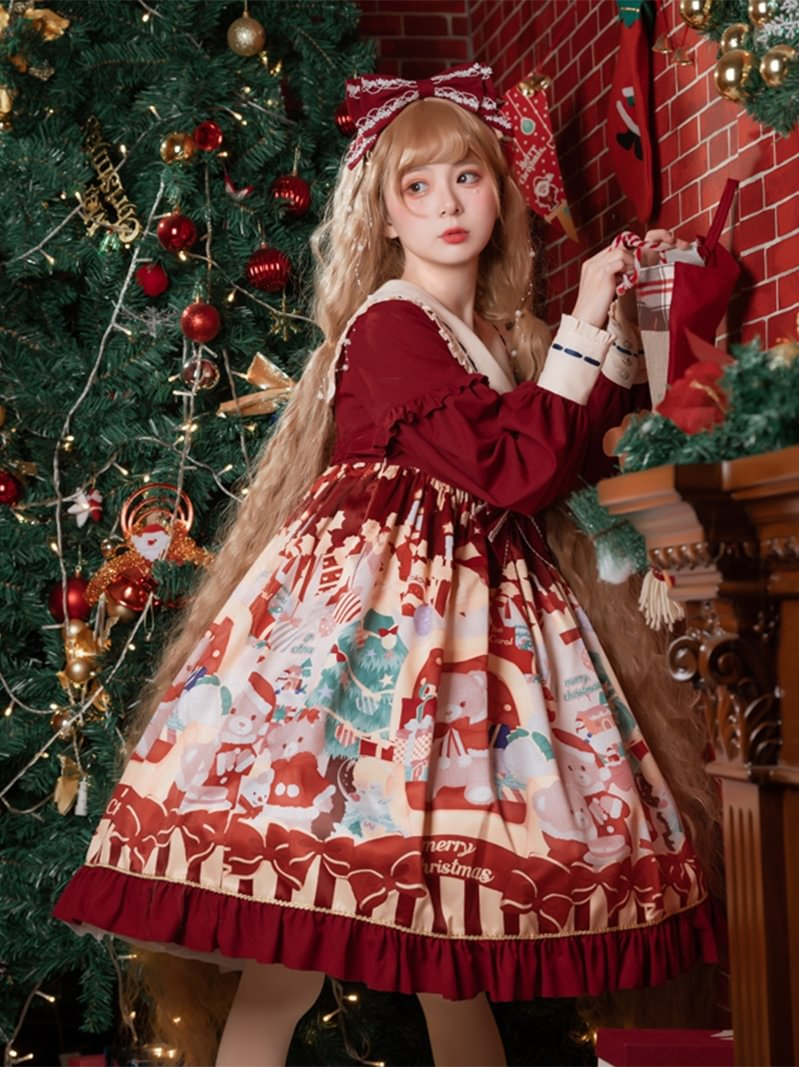 Christmas Bear Print Dress Op Red Sweet Cute High-waisted Lolita Princess Dress