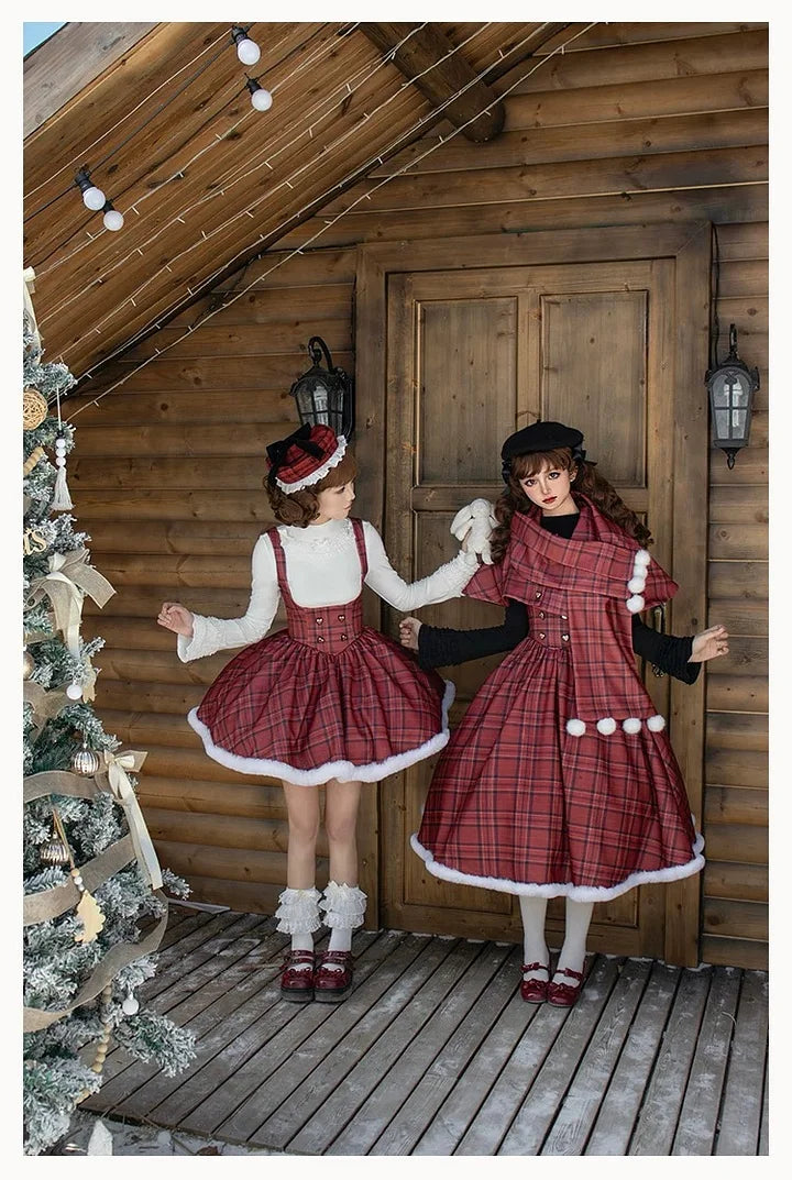 Christmas Dress Red Long and Short Fishbone Breast Support Cape Gemini Autumn&Winter Lolita