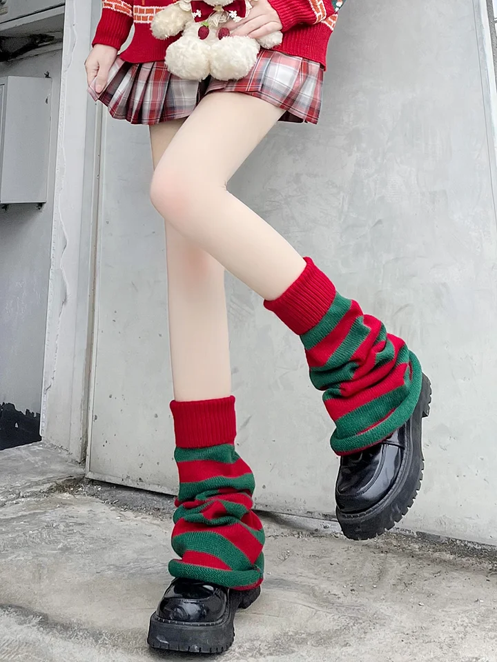 Lolita Stockings Red Green Socks Calf Autumn and Winter Striped Lolita Accessories for Christmas