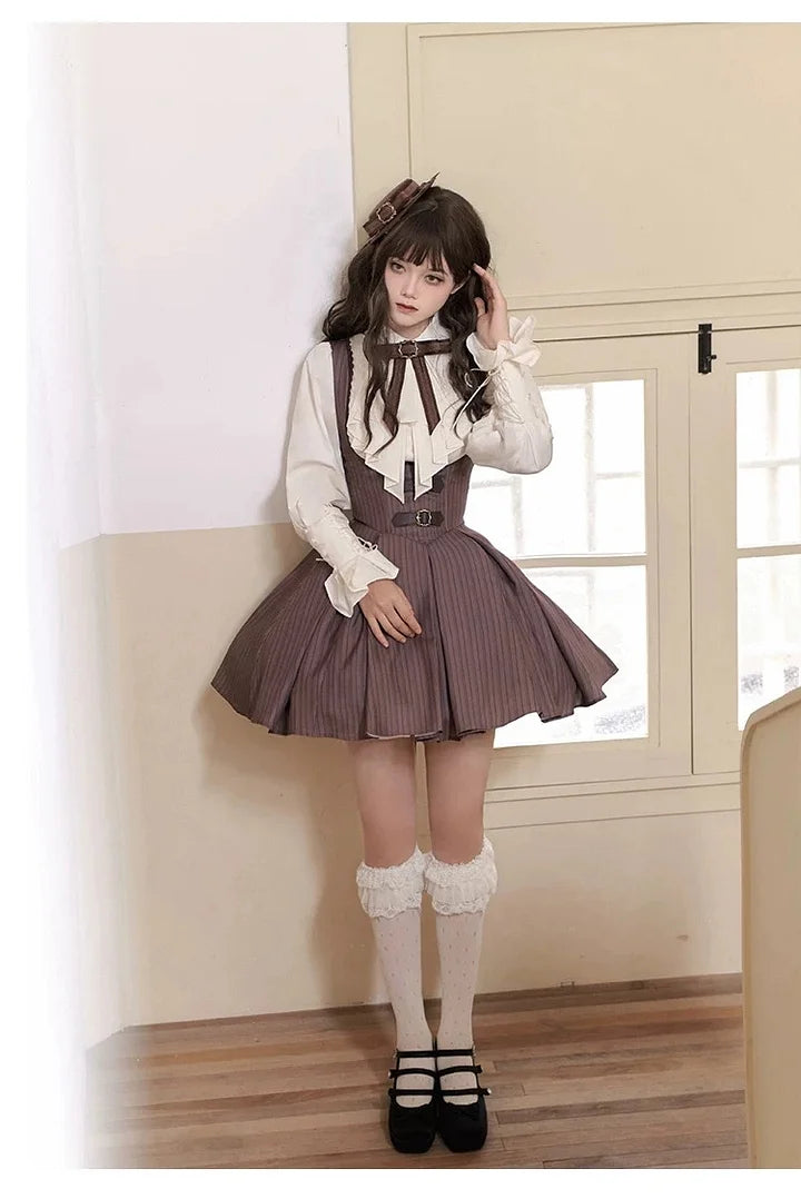 Classic British Style Striped Suit Lolita Vintage Elegant Dress Vest Shorts Blouse Set Dress