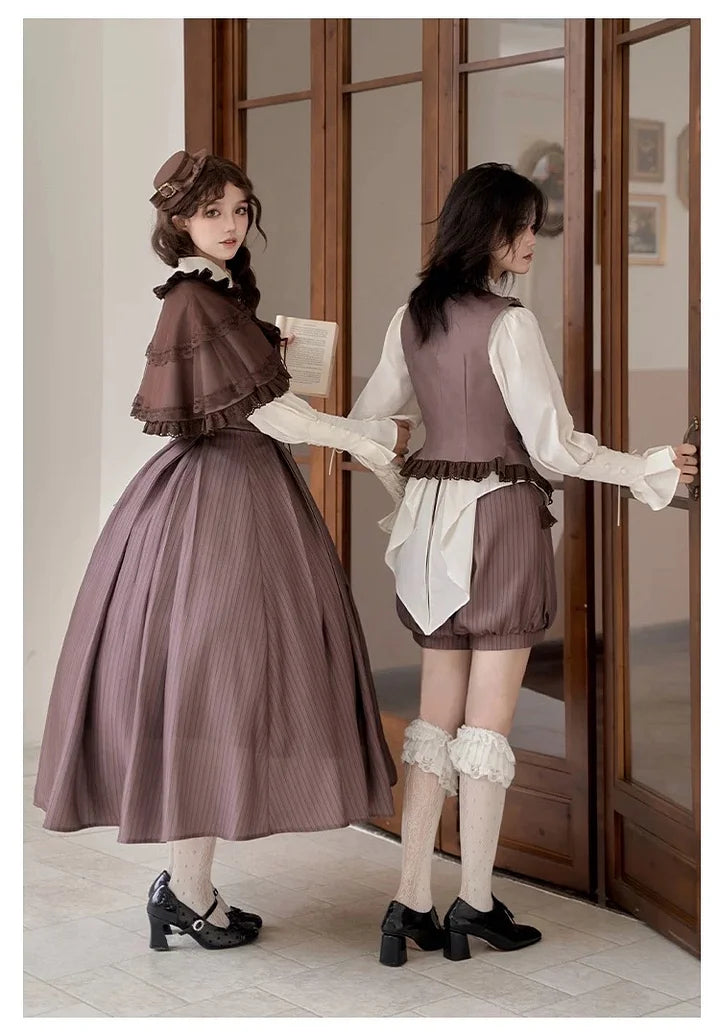 Classic British Style Striped Suit Lolita Vintage Elegant Dress Vest Shorts Blouse Set Dress