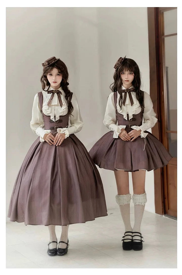 Classic British Style Striped Suit Lolita Vintage Elegant Dress Vest Shorts Blouse Set Dress