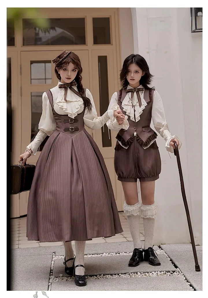 Classic British Style Striped Suit Lolita Vintage Elegant Dress Vest Shorts Blouse Set Dress