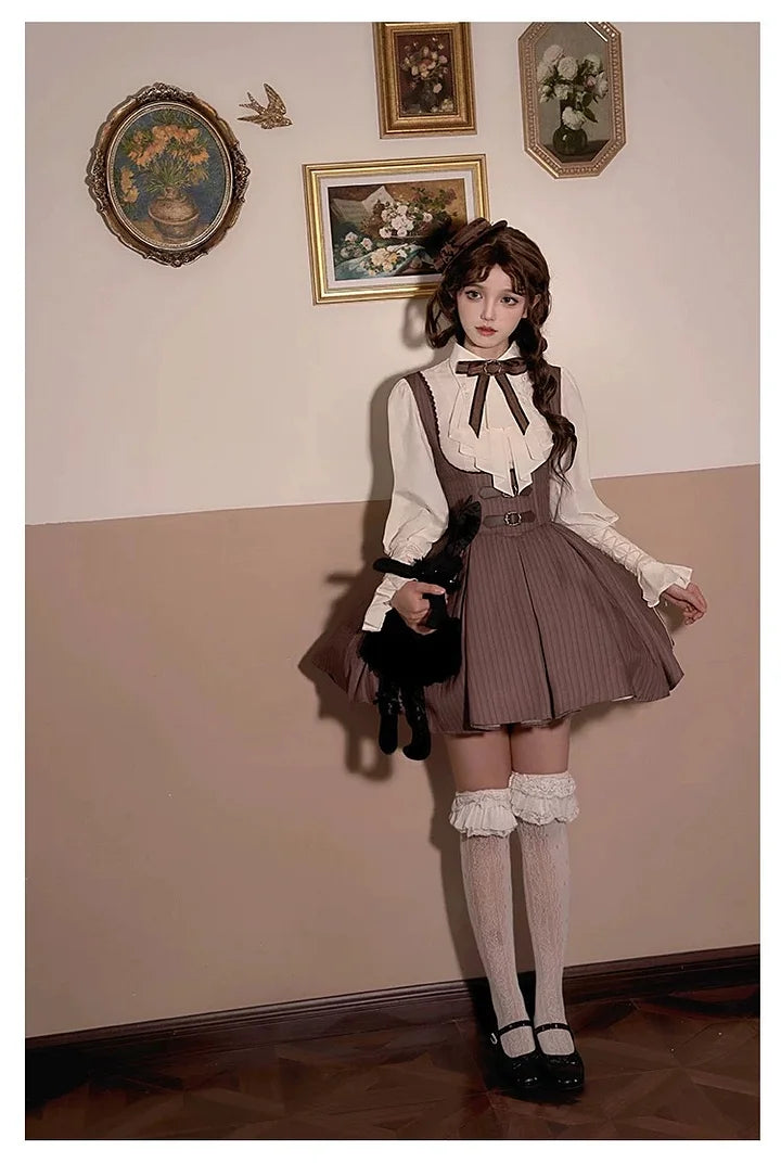 Classic British Style Striped Suit Lolita Vintage Elegant Dress Vest Shorts Blouse Set Dress