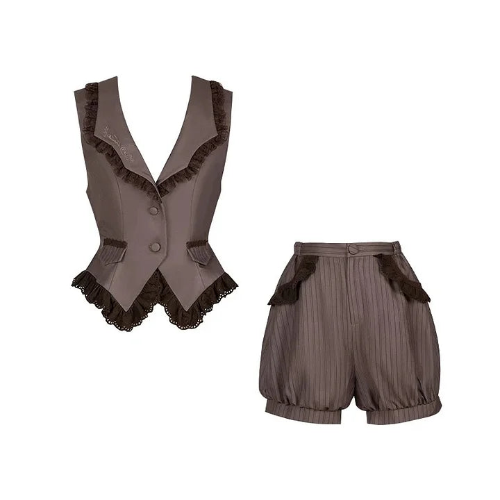 Classic British Style Striped Suit Lolita Vintage Elegant Dress Vest Shorts Blouse Set Dress