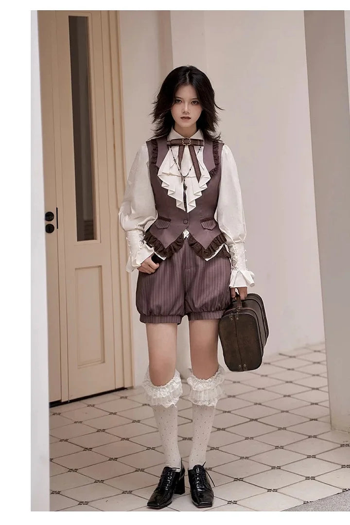Classic British Style Striped Suit Lolita Vintage Elegant Dress Vest Shorts Blouse Set Dress