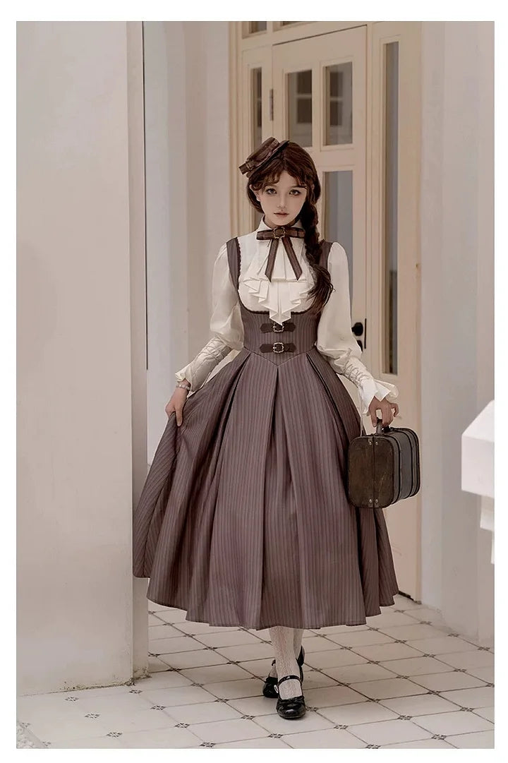 Classic British Style Striped Suit Lolita Vintage Elegant Dress Vest Shorts Blouse Set Dress