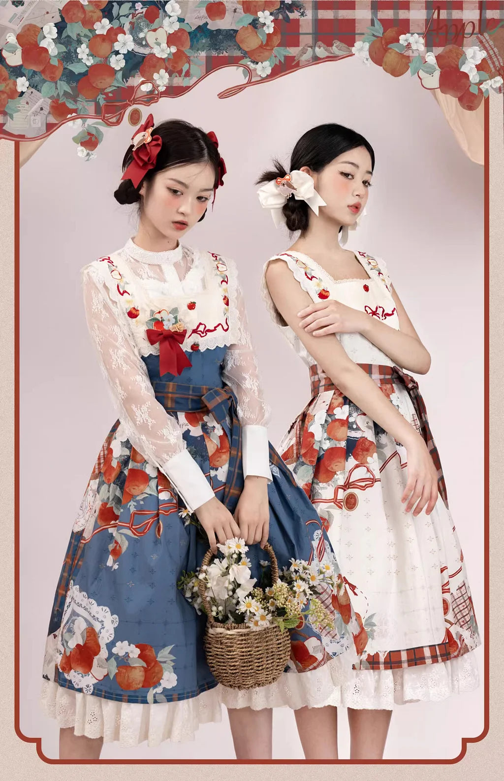 Classic Lolita Blue Vintage Pastoral Fruit Printed Apron Style Original Printed Embroidered