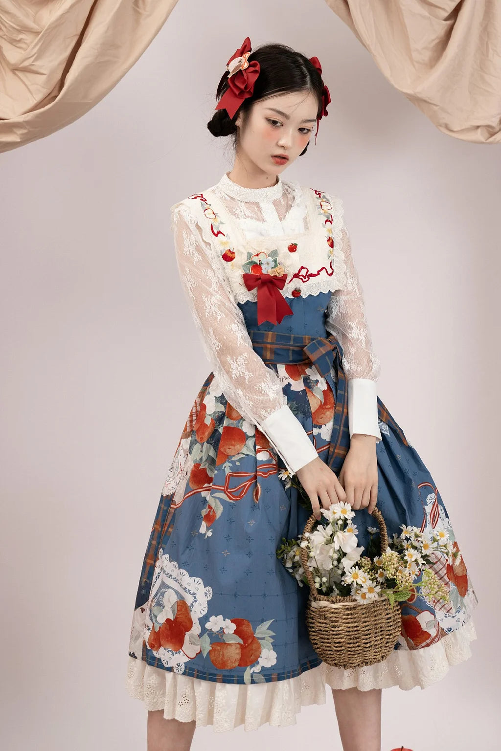 Classic Lolita Blue Vintage Pastoral Fruit Printed Apron Style Original Printed Embroidered