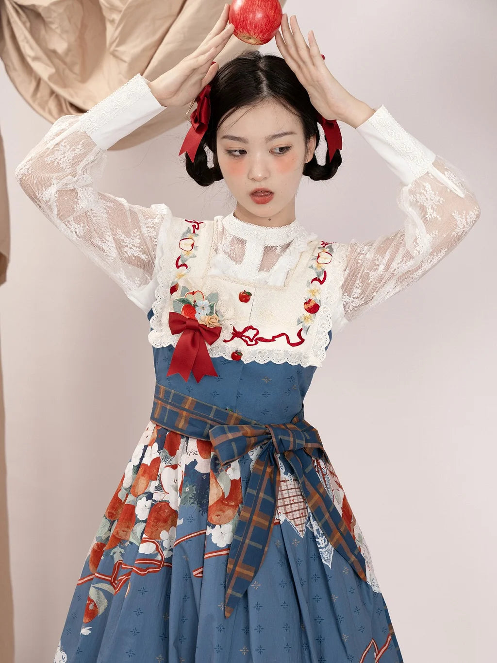 Classic Lolita Blue Vintage Pastoral Fruit Printed Apron Style Original Printed Embroidered