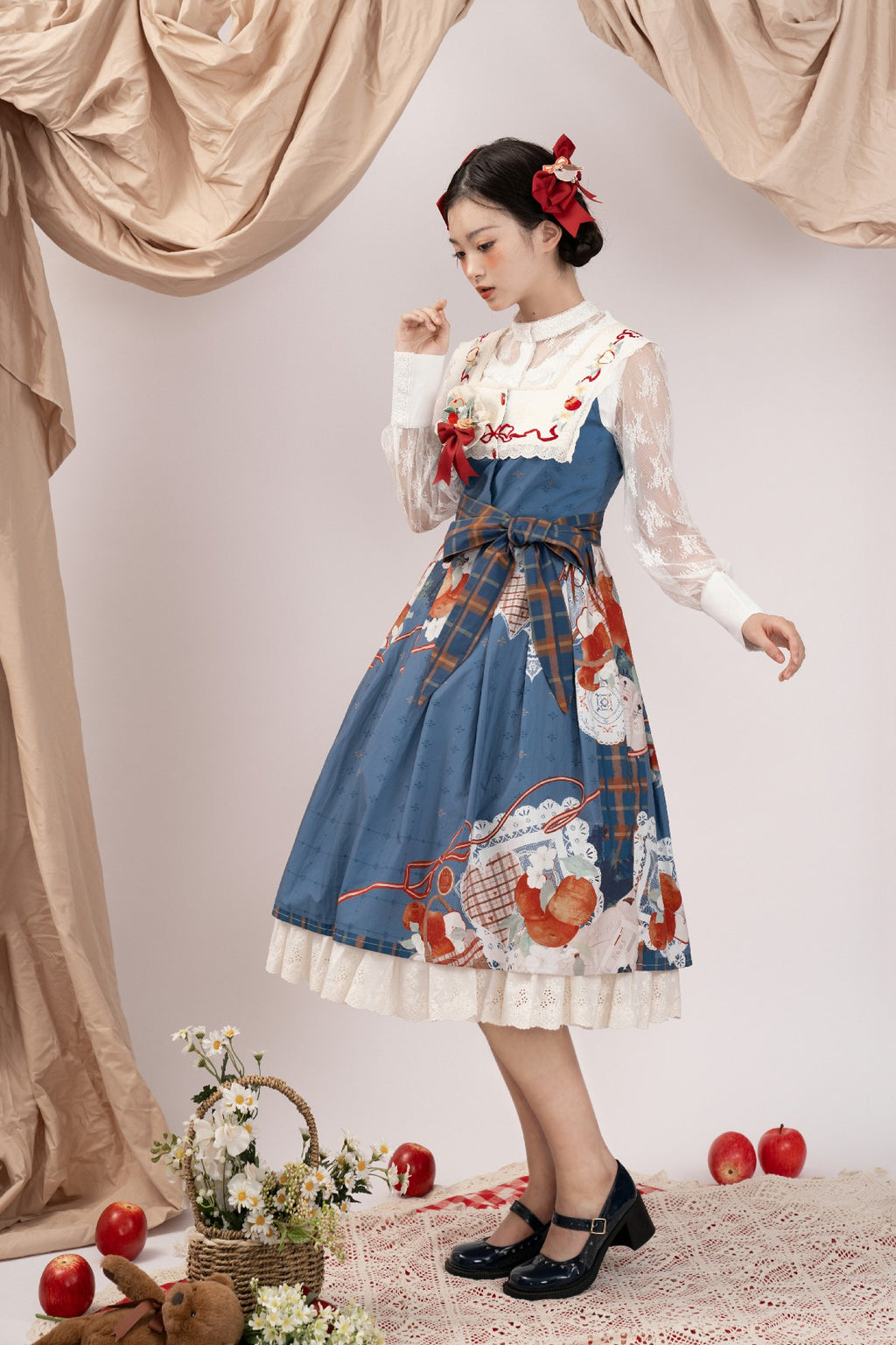 Classic Lolita Blue Vintage Pastoral Fruit Printed Apron Style Original Printed Embroidered