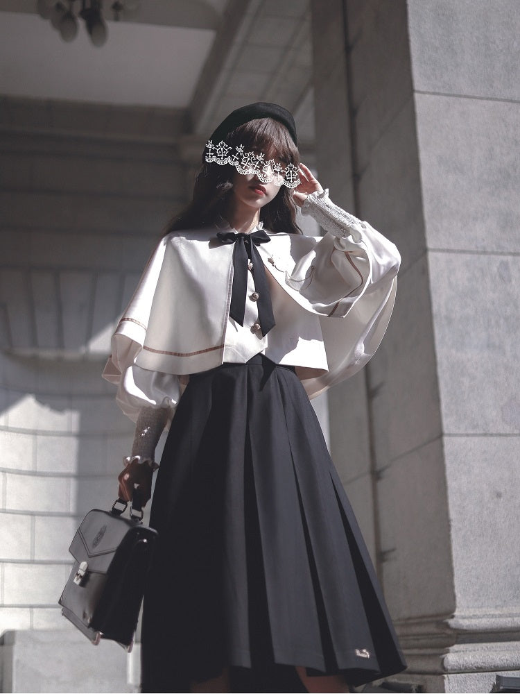Classic Lolita Bow Accented Cape Set Vest Shirt Long Skirt Western Style JK Uniform School Dress