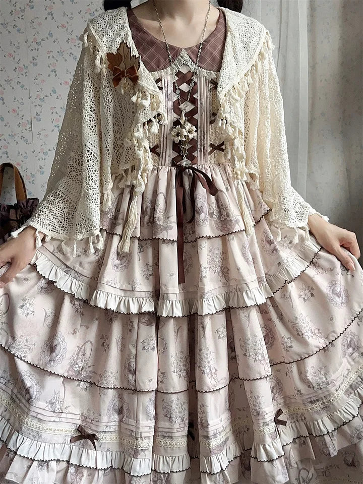 Classic Lolita Elegant cotton Lolita maxi dress Ruffles Lace Long Dress in Fall Knitted Coat