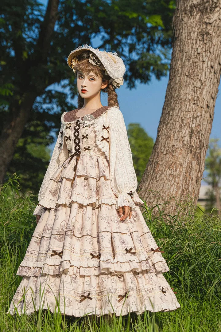 Classic Lolita Elegant cotton Lolita maxi dress Ruffles Lace Long Dress in Fall Knitted Coat
