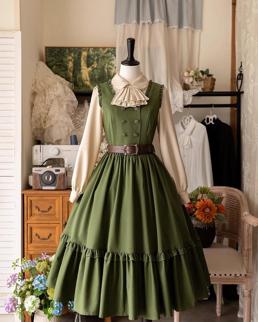 Classic Lolita French Lolita Victorian Lolita JSK Dress Flounce Dress Green Blue Black Elegant Long Sleeve Blouse