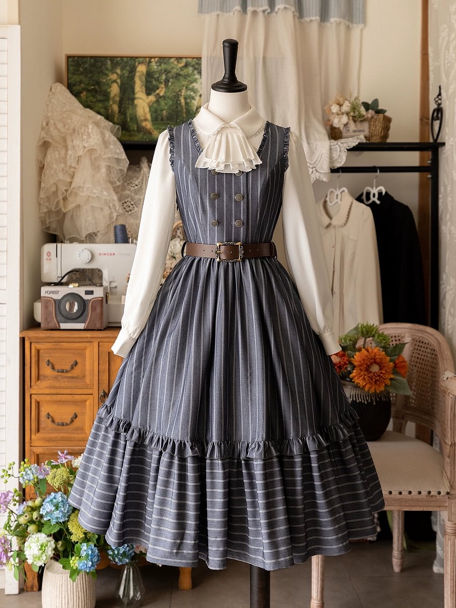Classic Lolita French Lolita Victorian Lolita JSK Dress Flounce Dress Green Blue Black Elegant Long Sleeve Blouse