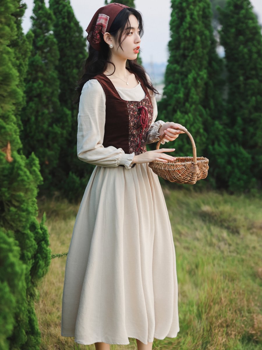 Classic Lolita Apricot Idyllic Set Vintage Long Dress for Daily Wear Light Lolita