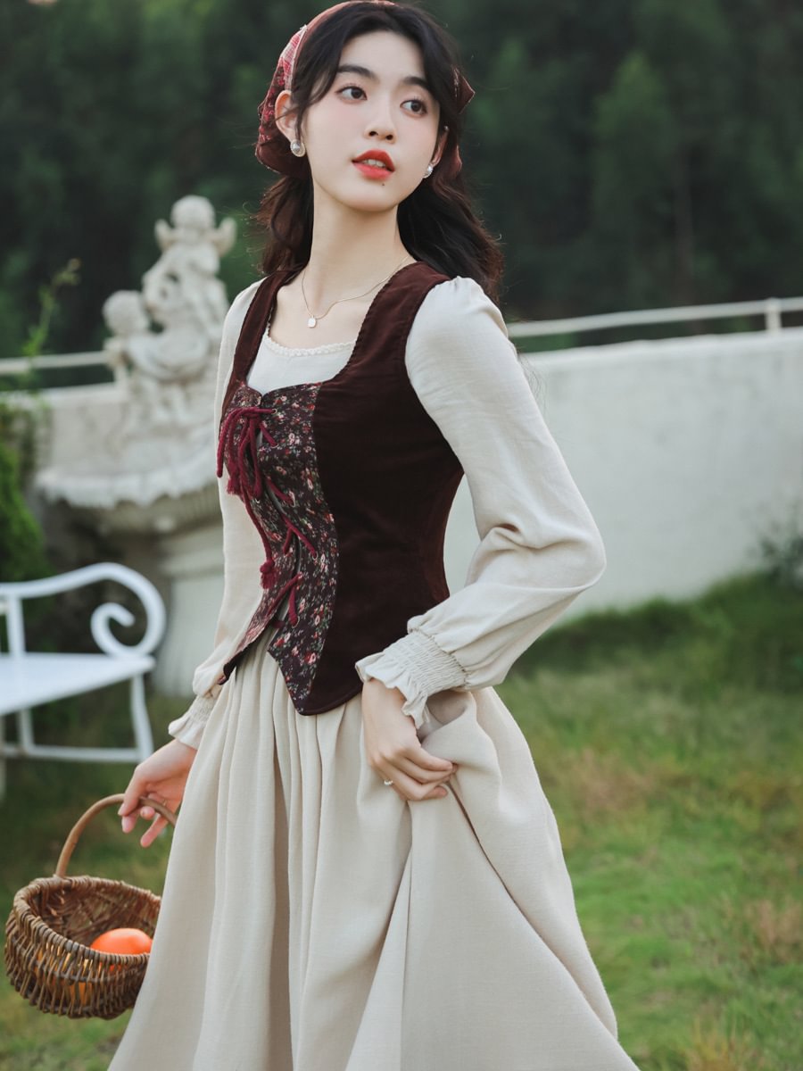 Classic Lolita Apricot Idyllic Set Vintage Long Dress for Daily Wear Light Lolita